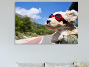 Customized wall poster of a dog peeking from car window